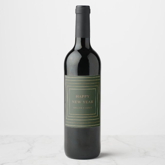 hunter green gold border happy new year wine label (Front)