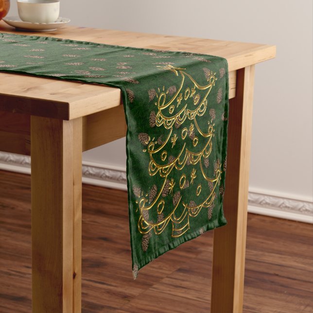 Hunter Green Gold Christmas Tree Table Runner (In Situ)