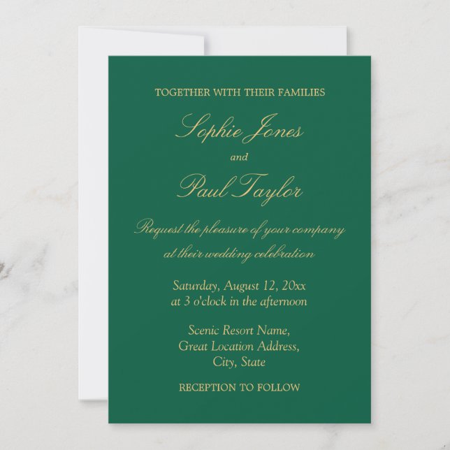 Hunter Green Golden Beige Wedding Invitation (Front)