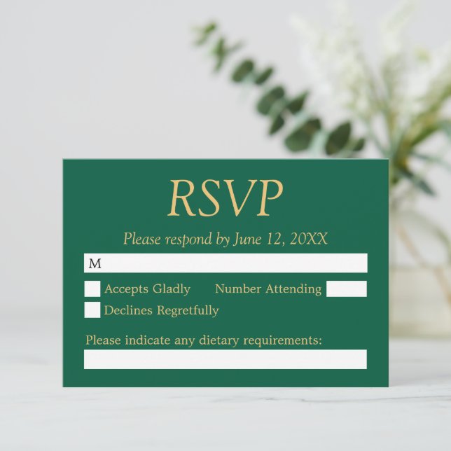 Hunter Green Golden Beige Wedding RSVP Card (Standing Front)