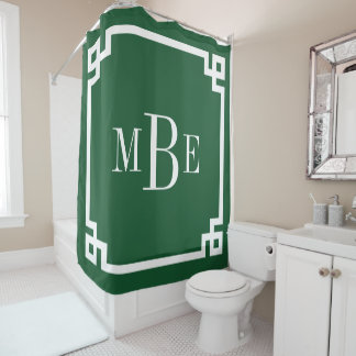 Hunter Green Greek Key Border Monogram Shower Curtain