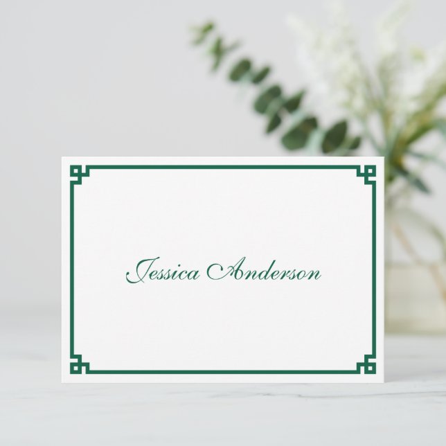Hunter Green Greek Key Border Wedding Place Card (Standing Front)
