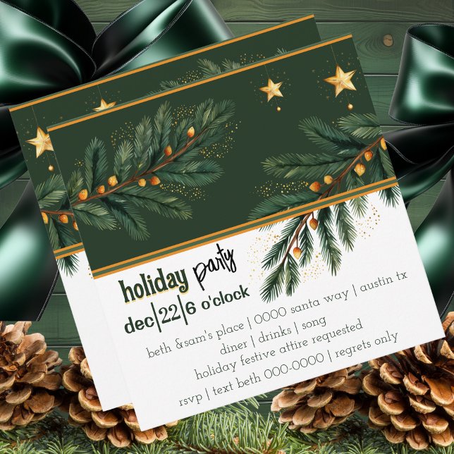 Hunter Green Holiday Pine and Gold Stars Party (Festive Holiday Party invitation with holiday tree branches and gold Christmas stars )