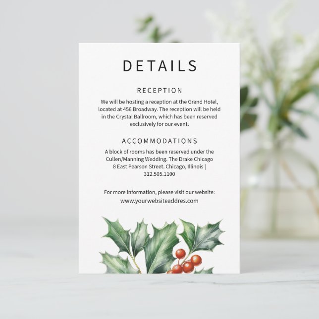 Hunter green holly wedding information  enclosure card (Standing Front)