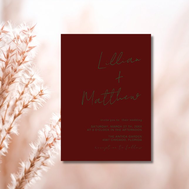 Hunter Green Minimal Modern Calligraphy Wedding Invitation (Creator Uploaded)
