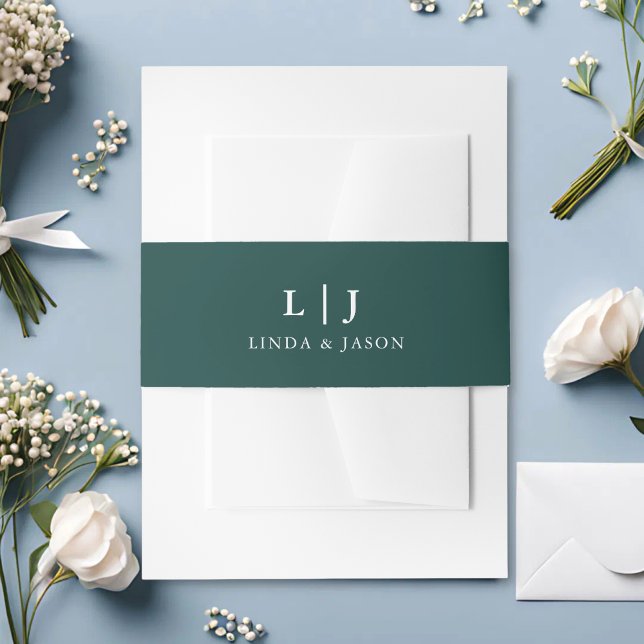 Hunter Green Monogram Couples Editable Wedding Invitation Belly Band (Hunter green monogram belly band with your initials adds rich elegance to invites.)