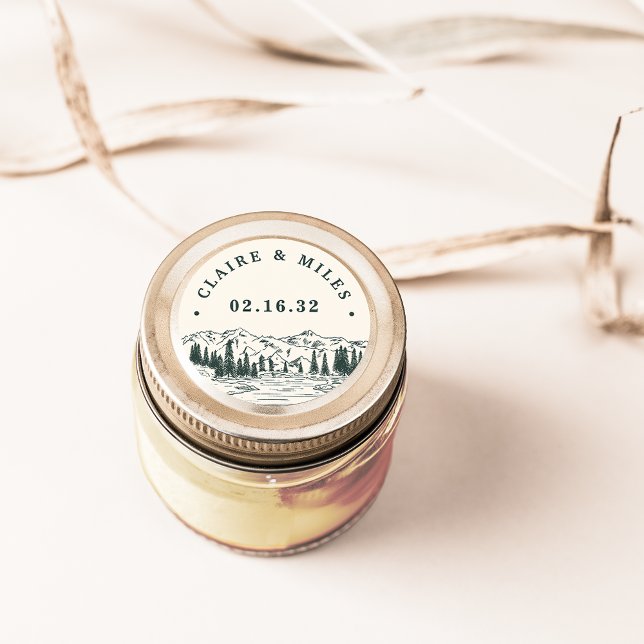 Hunter Green Mountain Sketch Personalised Wedding Classic Round Sticker (Creator Uploaded)