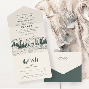 Hunter Green   Mountain Sketch Wedding All In One Invitation