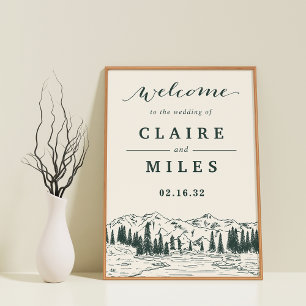 Hunter Green Mountain Sketch Wedding Welcome Sign