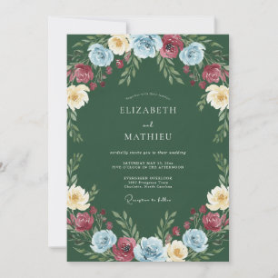 Hunter Green Multicolored Floral Wedding Invitation