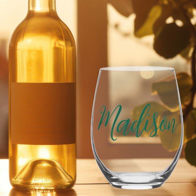 Hunter Green Name Handwritten Script Custom Stemless Wine Glass (Creator Uploaded)