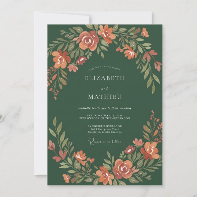 Hunter Green Painterly Autumnal Wedding Invitation (Front)