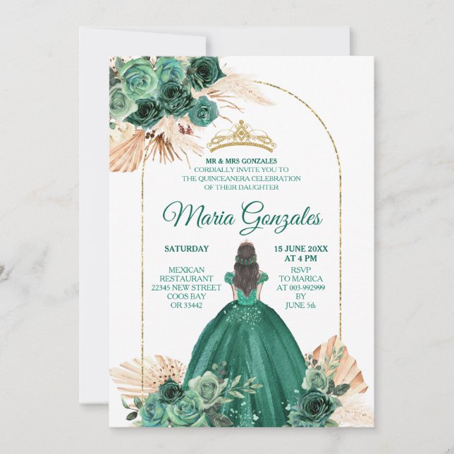 Hunter Green Pampas Grass Mexican Girl Quinceañera Invitation (Front)