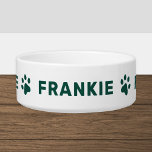 Hunter Green Paw Print Monogram Pet Name Bowl<br><div class="desc">A rich hunter green paw print pet bowl featuring the pet's name in bold typography with paw accents on a white ceramic bowl. This handsome colorway makes a sophisticated personalised monogram gift for dogs and cats. The name is fully customisable.</div>