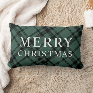 Hunter Green Scottish Tartan Plaid Merry Christmas Lumbar Cushion