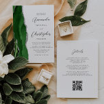Hunter Green Silver Agate QR Code Wedding Invitation<br><div class="desc">The left-hand edge of this elegant modern wedding invitation features a hunter green watercolor agate border trimmed with faux silver glitter. The customisable text combines charcoal grey script and sans serif fonts on a white background. The reverse side provides space for wedding details, along with a QR code guests can...</div>