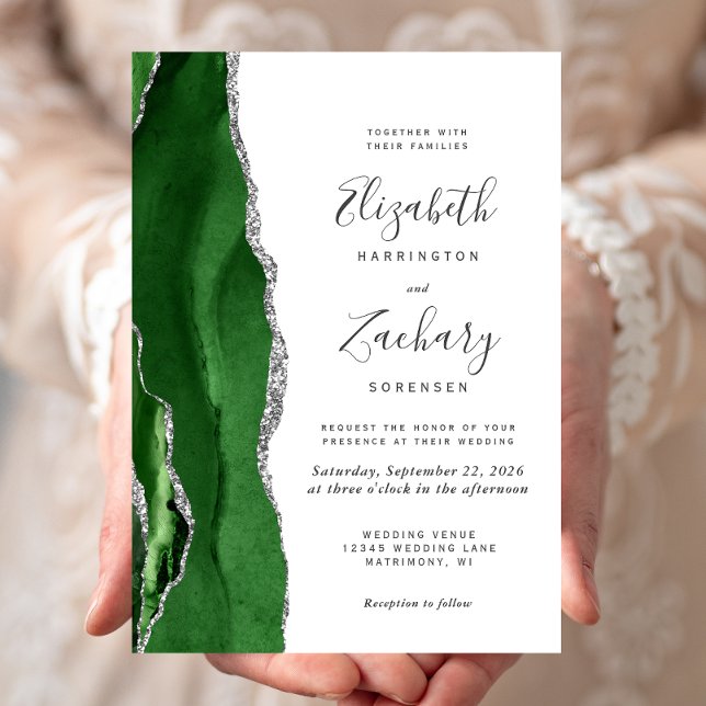 Hunter Green Silver Agate Wedding Invitation (Creator Uploaded)