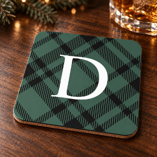 Hunter Green Tartan Plaid Custom Monogram Initial Coaster