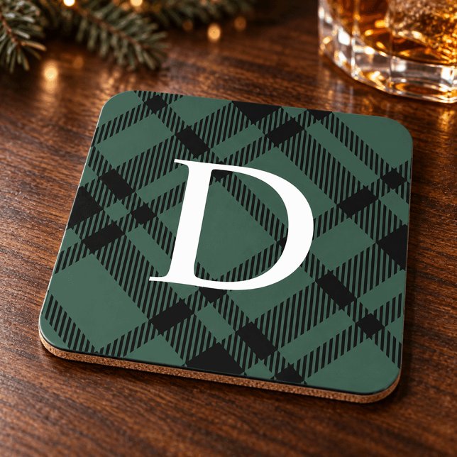 Hunter Green Tartan Plaid Custom Monogram Initial Coaster (Creator Uploaded)