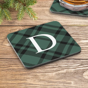 Hunter Green Tartan Plaid Custom Monogram Initial Coaster