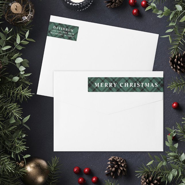 Hunter Green Tartan Plaid Merry Christmas Address Wrap Around Label (Creator Uploaded)