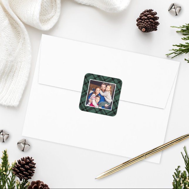 Hunter Green Tartan Plaid Merry Christmas Photo Square Sticker (Creator Uploaded)