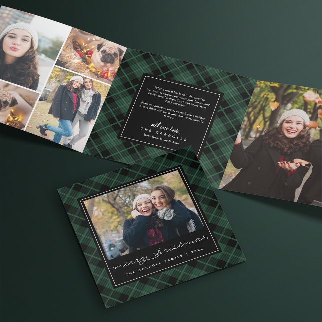 Hunter Green Tartan Plaid Photo Tri-Fold Holiday Card (Creator Uploaded)