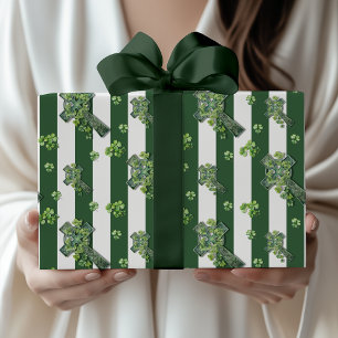 Hunter Green Vintage Striped Clover Cross Wrapping Paper