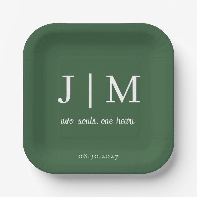 Hunter Green Wedding Customisable Message Date  Paper Plate (Front)