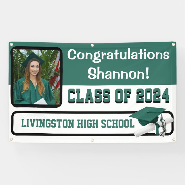 Hunter Green & White Vinyl Graduation Banner (Horizontal)