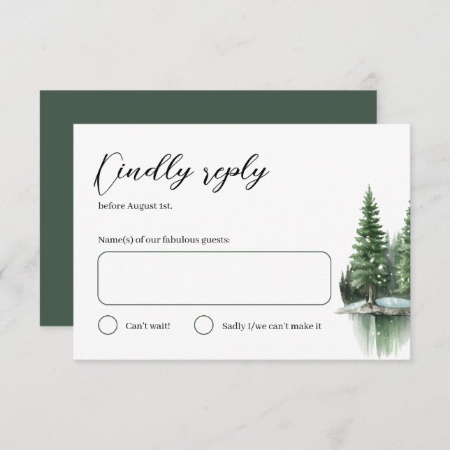 Hunter Green Winter Watercolor Forest Wedding  RSVP Card (Front/Back)