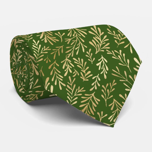 Hunter Green With Gold Foil Botanicals Pattern Tie (Rolled)
