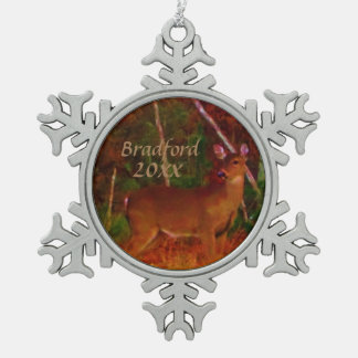 Hunter's Deer, Personalise name date Snowflake Pewter Christmas Ornament