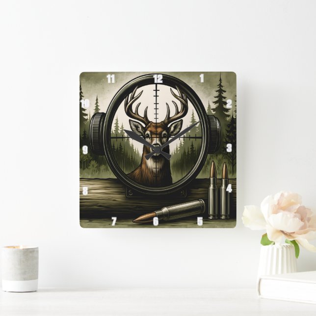 Hunter's Deer Scope Wildlife Forest Square Wall Clock (Home)