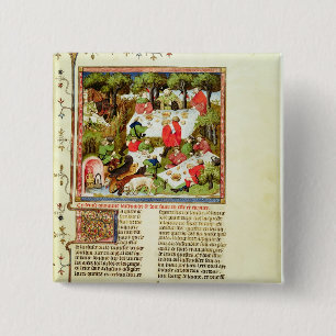 Hunters feasting before the stag hunt 15 cm square badge