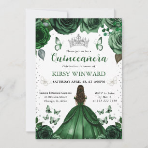 Hunters Green Dress Brunette Princess Quinceanera Invitation