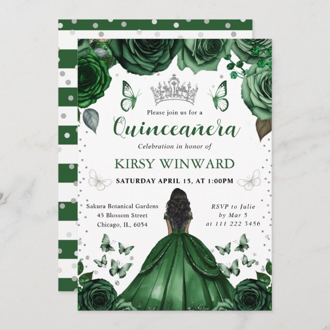 Hunters Green Dress Dark Skin Princess Quinceanera Invitation (Front/Back)