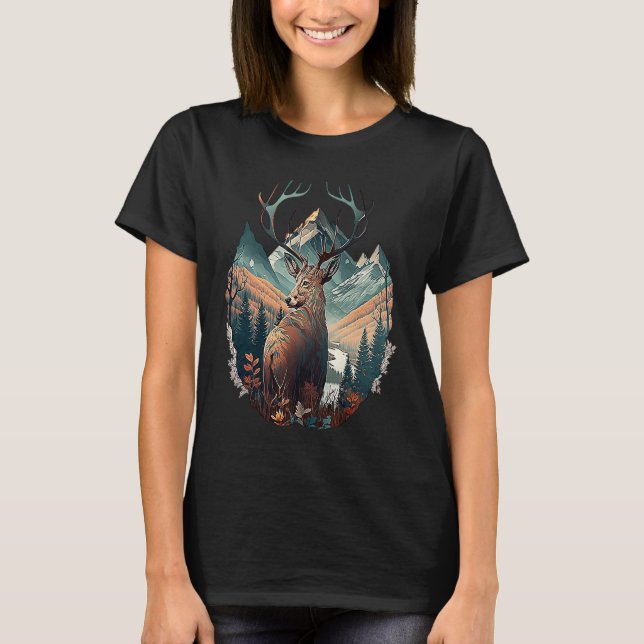 Hunter's Haven Epic Deer Standing In Mountain View T-Shirt (Front)