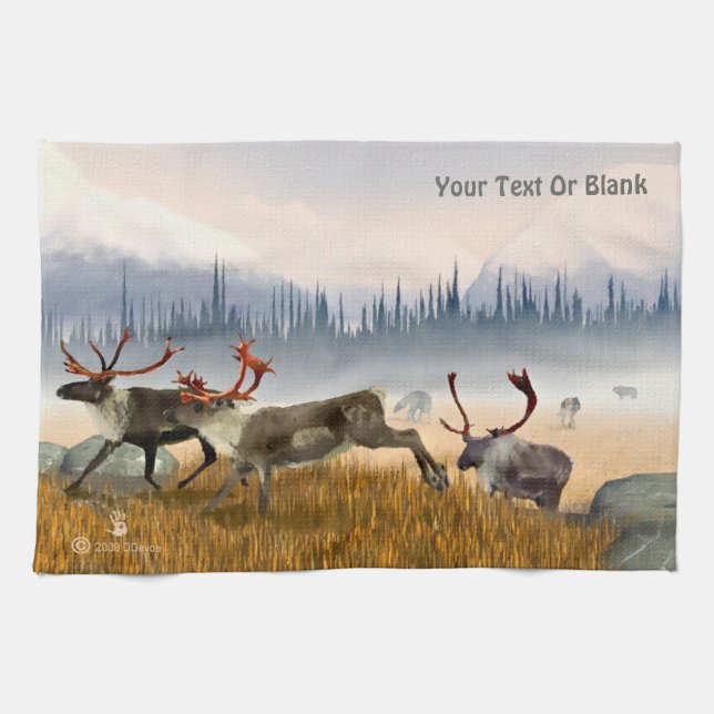 Hunters In The Mist (Caribou) Tea Towel (Horizontal)