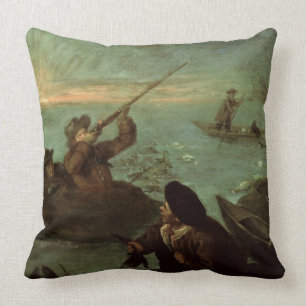 Hunters Shooting at Ducks (oil on canvas) Cushion