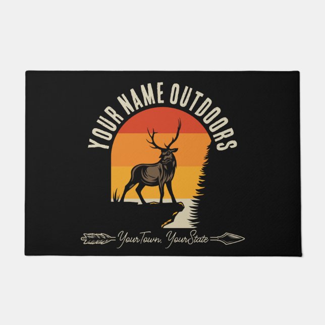Hunting ADD NAME Outdoors Deer Elk Wilderness Camp Doormat (Front)