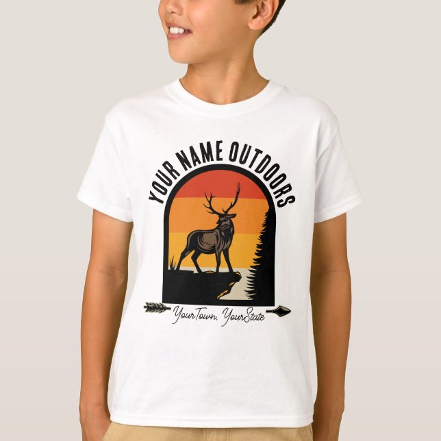 Hunting ADD NAME Outdoors Deer Elk Wilderness Camp T-Shirt (Front)