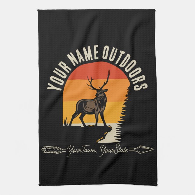 Hunting ADD NAME Outdoors Deer Elk Wilderness Camp Tea Towel (Vertical)