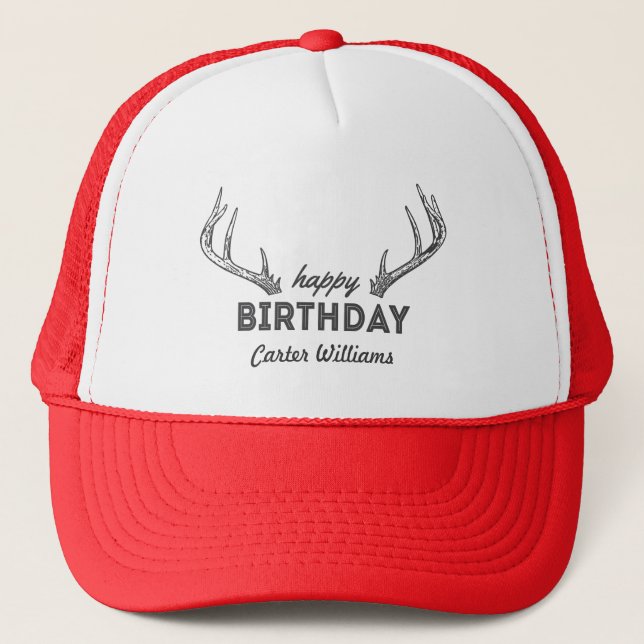 Hunting Birthday Cake Custom Name on Hat Antlers (Front)