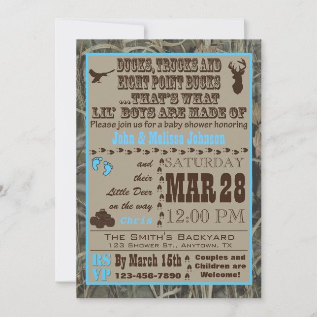 Hunting Camo Baby Boy Shower Invitations Blue (Front)