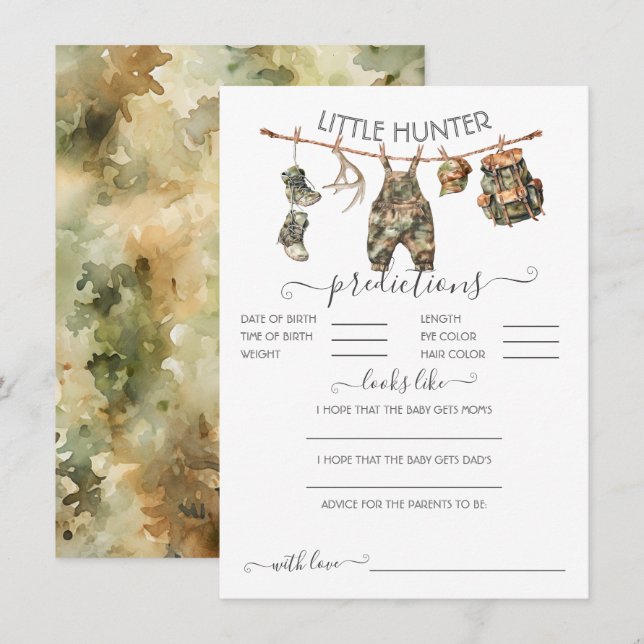 Hunting Camo Clothesline Baby Predictions Game Invitation (Front/Back)