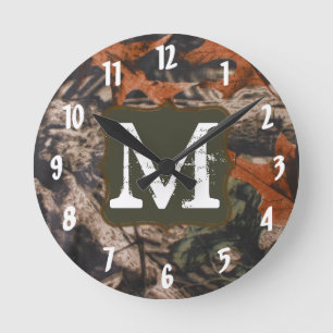 Hunting Camo Hunters Monogram Initial Wall Clock