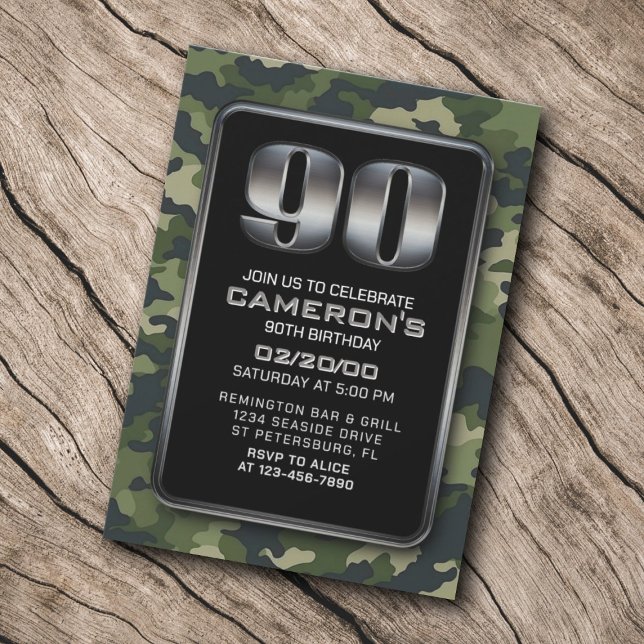 Hunting Camo Military 90th Birthday Invitation (Creator Uploaded)