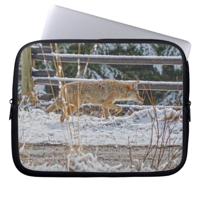 Hunting Coyote and Winter Snow Wildlife Art Laptop Sleeve (Front)