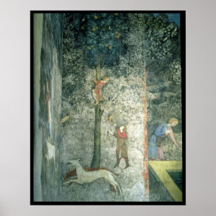 Hunting dogs and men climbing a tree poster